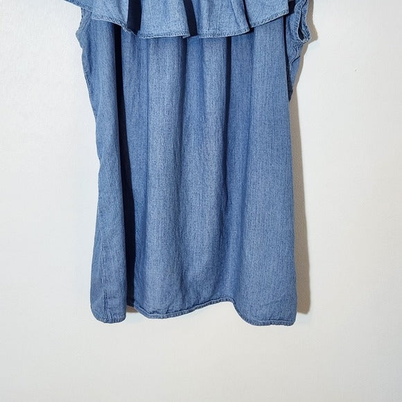 Faded Glory Blue Chambray Blouse with Ruffle Neckline Size XL 16-18