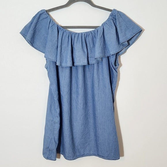 Faded Glory Blue Chambray Blouse with Ruffle Neckline Size XL 16-18