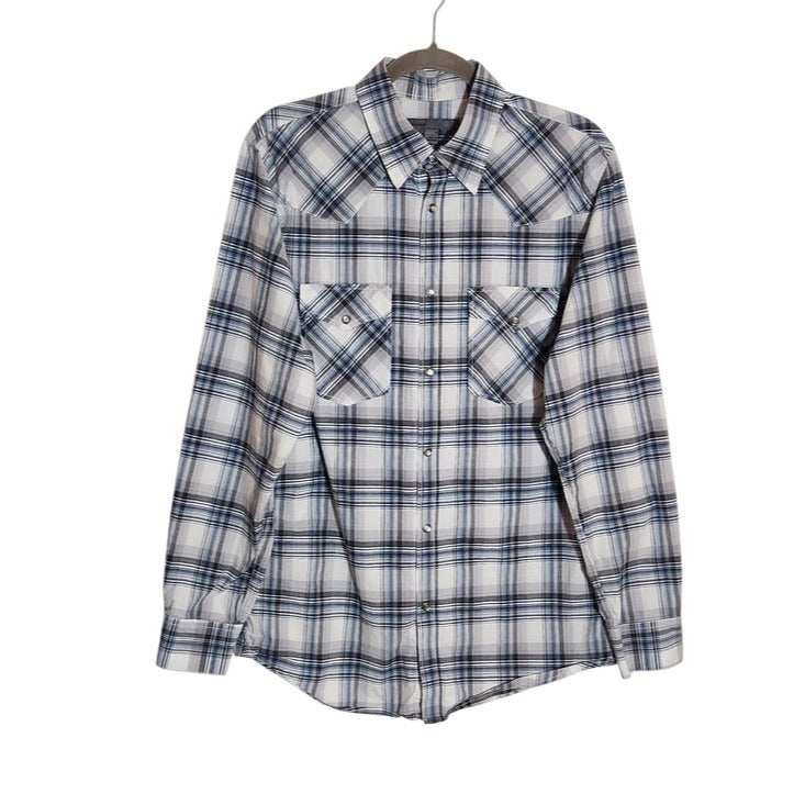 Old Navy Blue and Gray Plaid Western Snap Up Shirt Size Medium