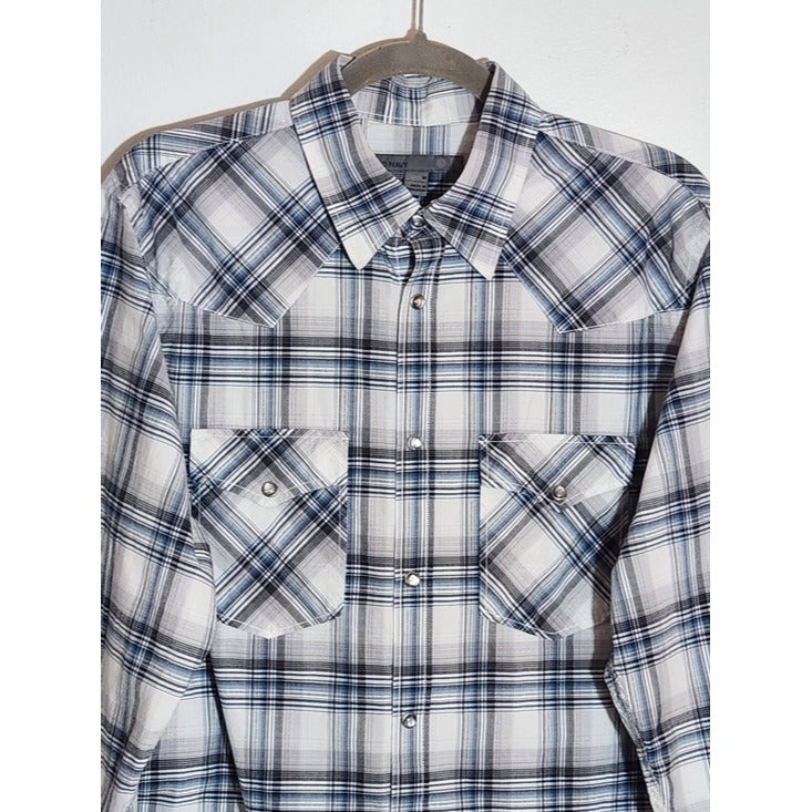 Old Navy Blue and Gray Plaid Western Snap Up Shirt Size Medium