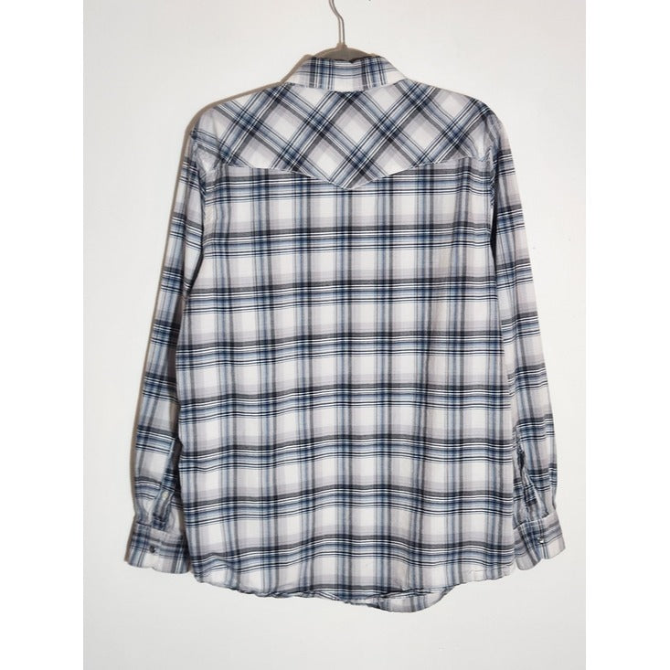 Old Navy Blue and Gray Plaid Western Snap Up Shirt Size Medium