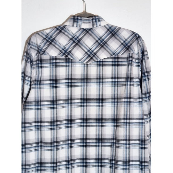 Old Navy Blue and Gray Plaid Western Snap Up Shirt Size Medium