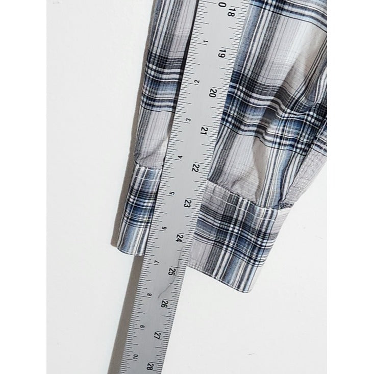 Old Navy Blue and Gray Plaid Western Snap Up Shirt Size Medium