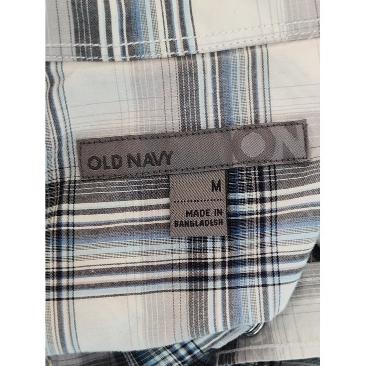 Old Navy Blue and Gray Plaid Western Snap Up Shirt Size Medium