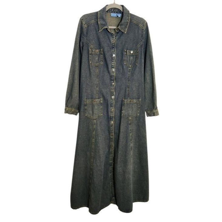 Jeanology by Newport News Dark Wash Denim Maxi Shirt Dress Size 14