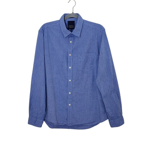 Indian Terrain Blue Mens Long Sleeve Dress Shirt with Diamond Pattern Size Large
