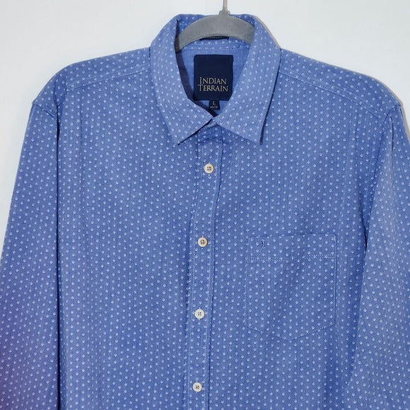Indian Terrain Blue Mens Long Sleeve Dress Shirt with Diamond Pattern Size Large
