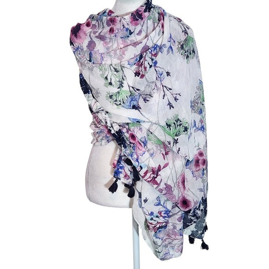 Kitara Purple and White Floral Print Wrap Scarf with Tassels