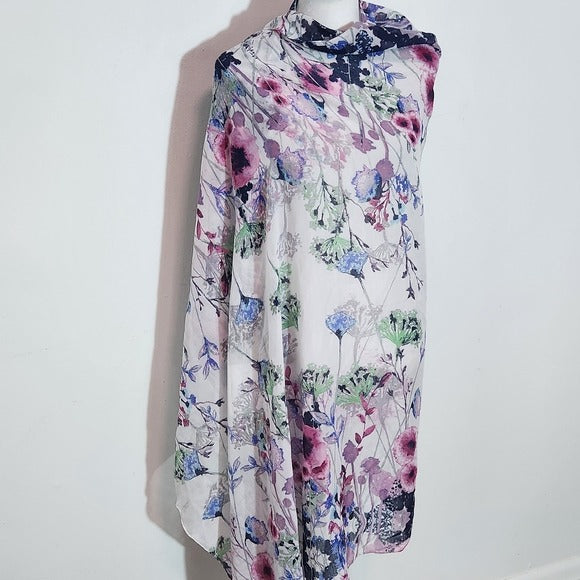 Kitara Purple and White Floral Print Wrap Scarf with Tassels