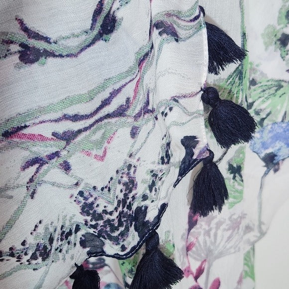 Kitara Purple and White Floral Print Wrap Scarf with Tassels