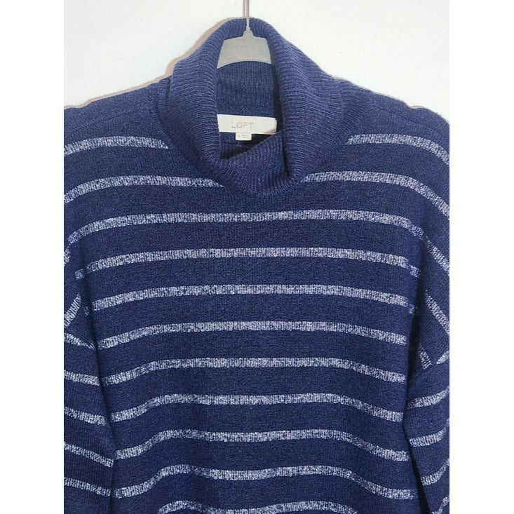 LOFT Navy Turtleneck Sweater with Metallic Silver Stripes Size Medium