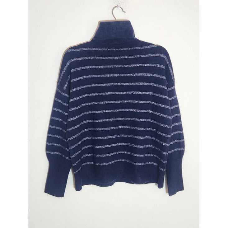 LOFT Navy Turtleneck Sweater with Metallic Silver Stripes Size Medium