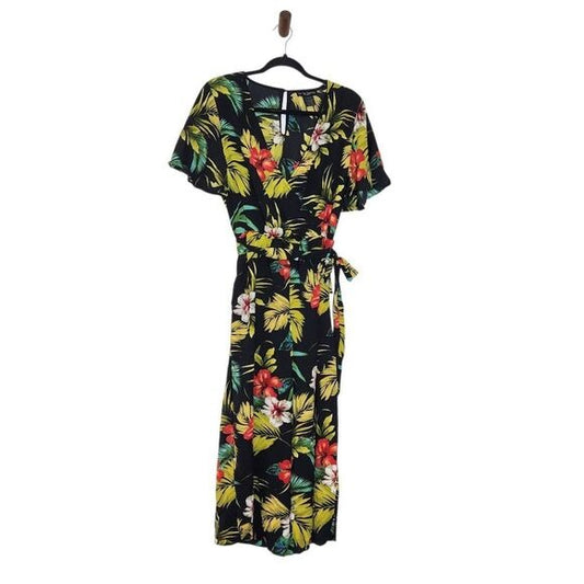 See You Monday Black Tropical Print Cropped Wide Leg Jumpsuit Size Large