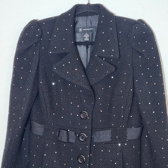 INC International Concepts Black Dress Coat with Ribbon and Sequin Detail Size 6