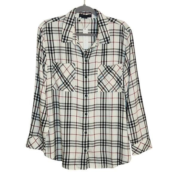 Sanctuary White Plaid Button Down Shirt Size Large NWT