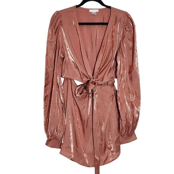 Venus Metallic Pink Long Sleeve Skirt Romper with Cut Out NWT Size Large