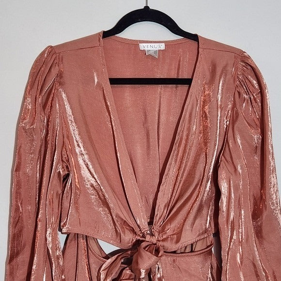 Venus Metallic Pink Long Sleeve Skirt Romper with Cut Out NWT Size Large
