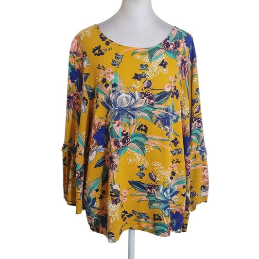 Ava & Viv Mustard Yellow Floral Boho Top Size 1X Size Tag Removed