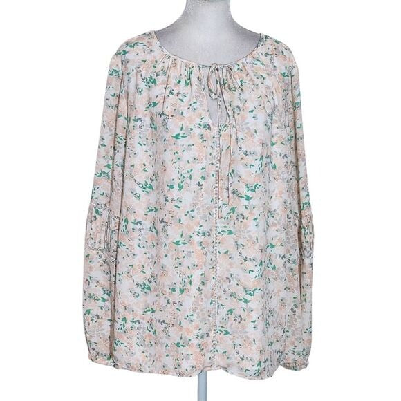 Kaari Blue Peach and Green Peasant Blouse Size 2X Plus Size Peach Floral Blouse
