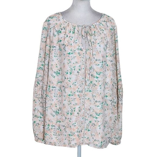 Kaari Blue Peach and Green Peasant Blouse Size 2X Plus Size Peach Floral Blouse