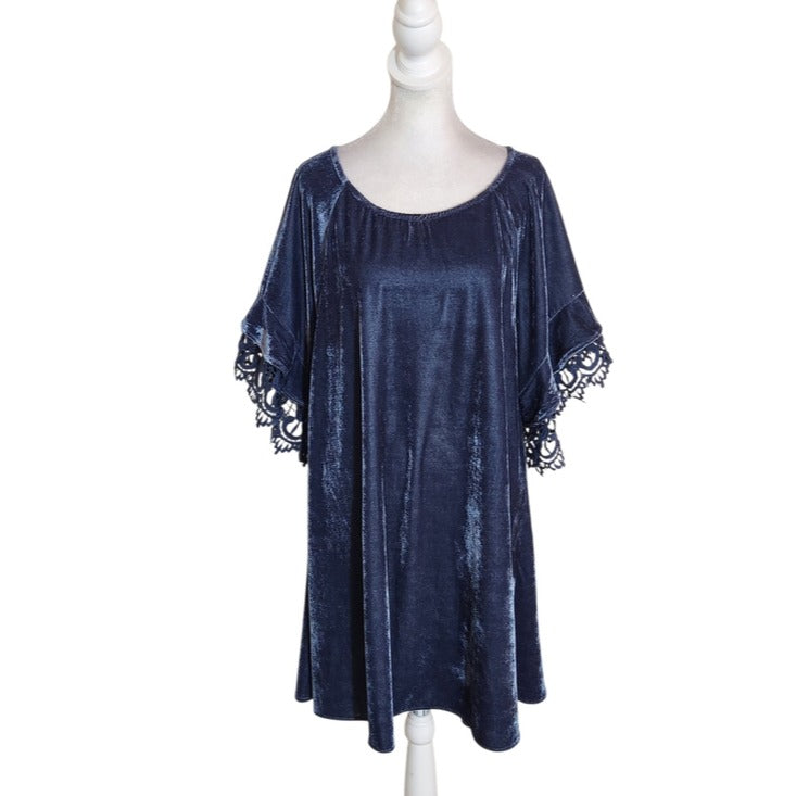 Umgee Navy Velvet Crochet Lace Sleeve Mini Shift Dress Size Medium