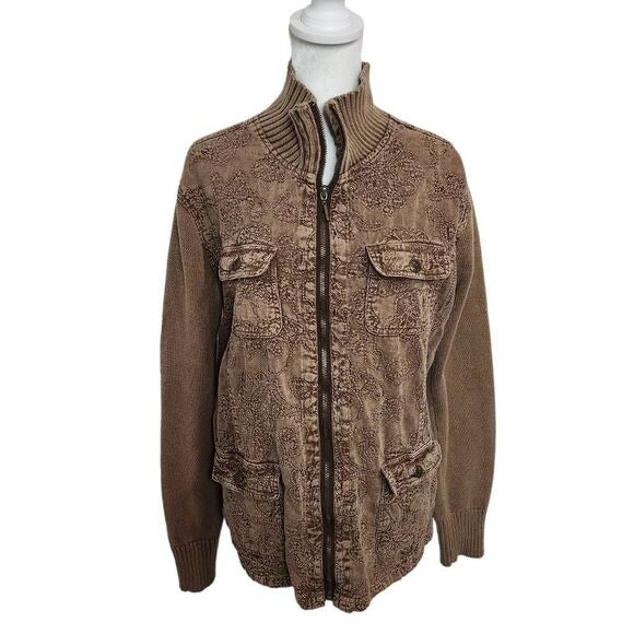 Denim & Co. Brown Bomber Sweater Jacket Size Medium Brown Zip-Up Jacket