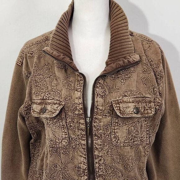 Denim & Co. Brown Bomber Sweater Jacket Size Medium Brown Zip-Up Jacket