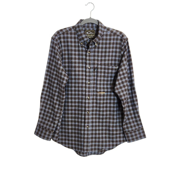Drake Brown and Blue Plaid Flannel Button Down Shirt Size Small