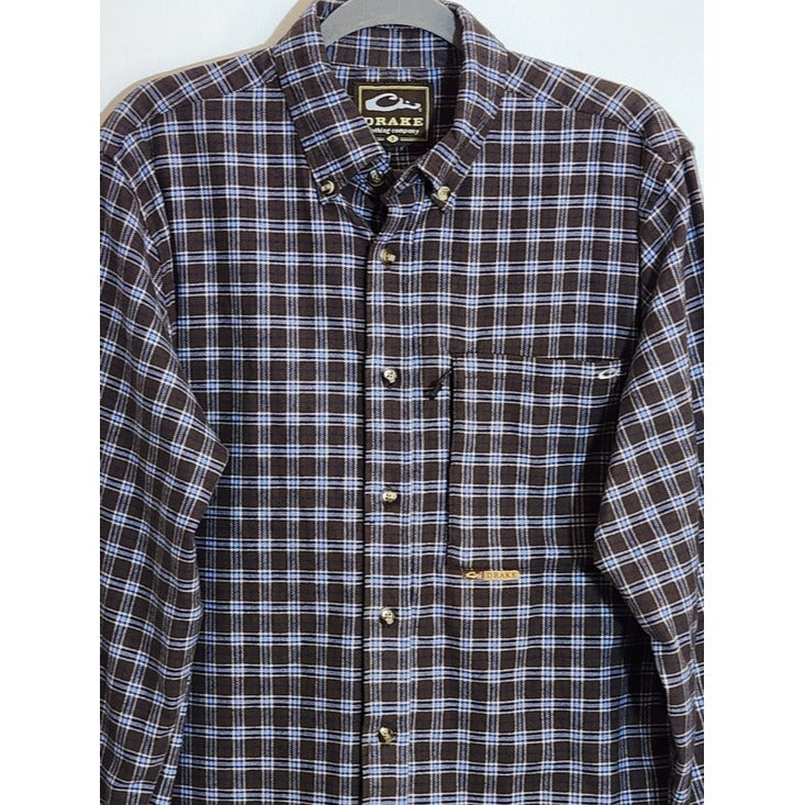 Drake Brown and Blue Plaid Flannel Button Down Shirt Size Small