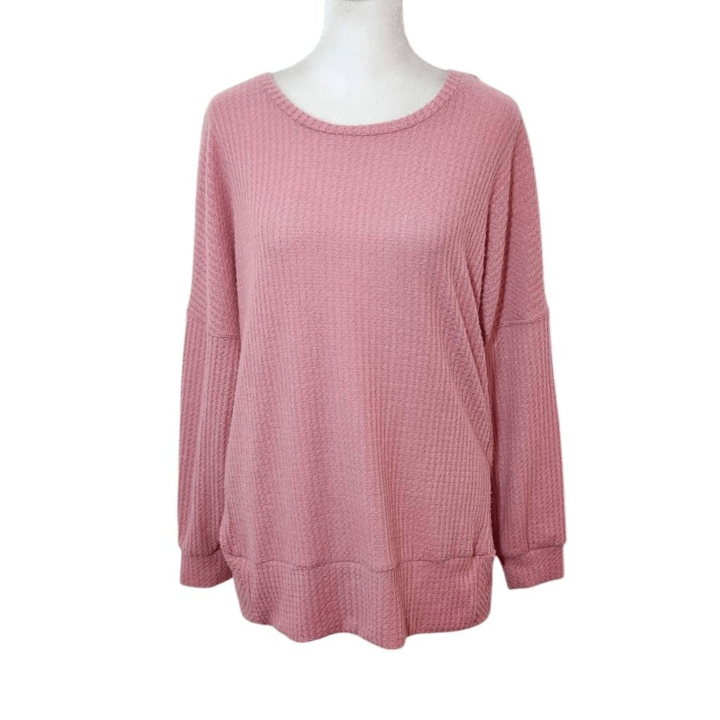 Pink Thermal Knit Top with Open Back Size Small Pink Waffle Knit Top