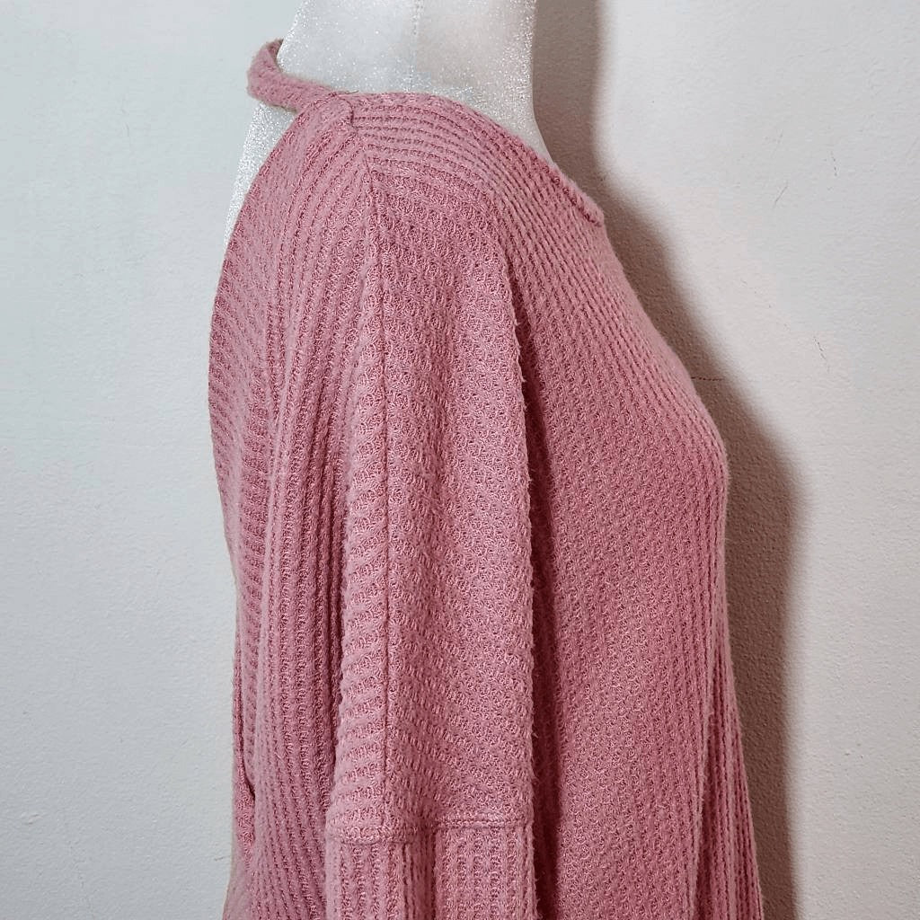Pink Thermal Knit Top with Open Back Size Small Pink Waffle Knit Top