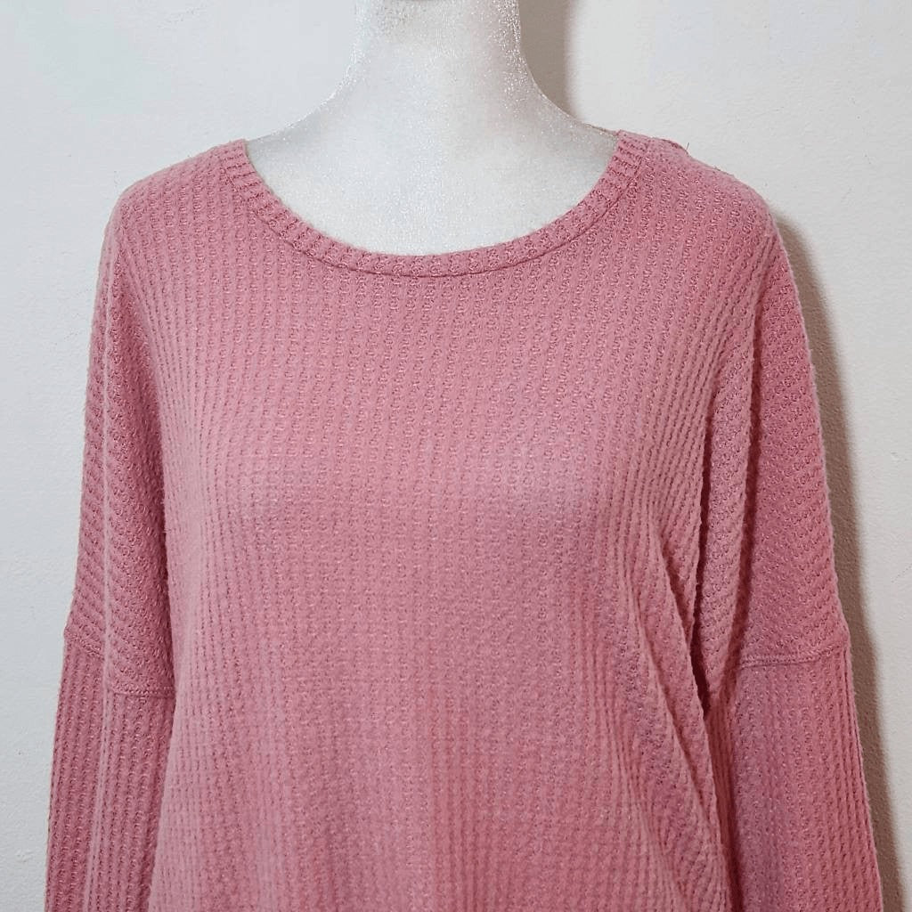 Pink Thermal Knit Top with Open Back Size Small Pink Waffle Knit Top