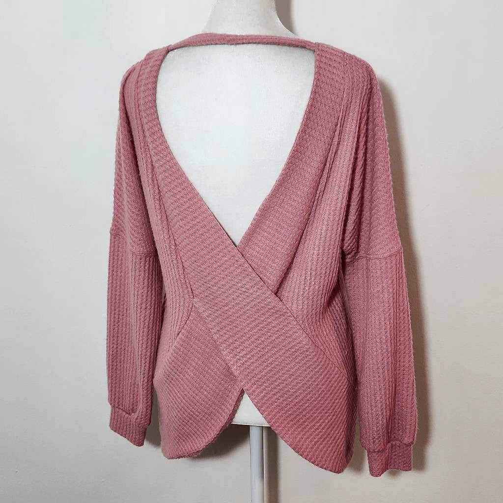 Pink Thermal Knit Top with Open Back Size Small Pink Waffle Knit Top