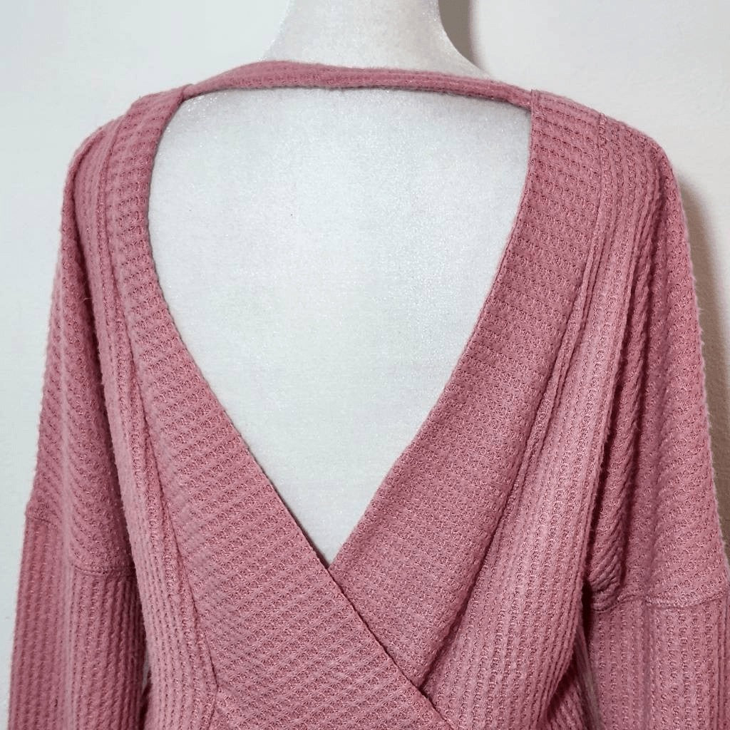 Pink Thermal Knit Top with Open Back Size Small Pink Waffle Knit Top