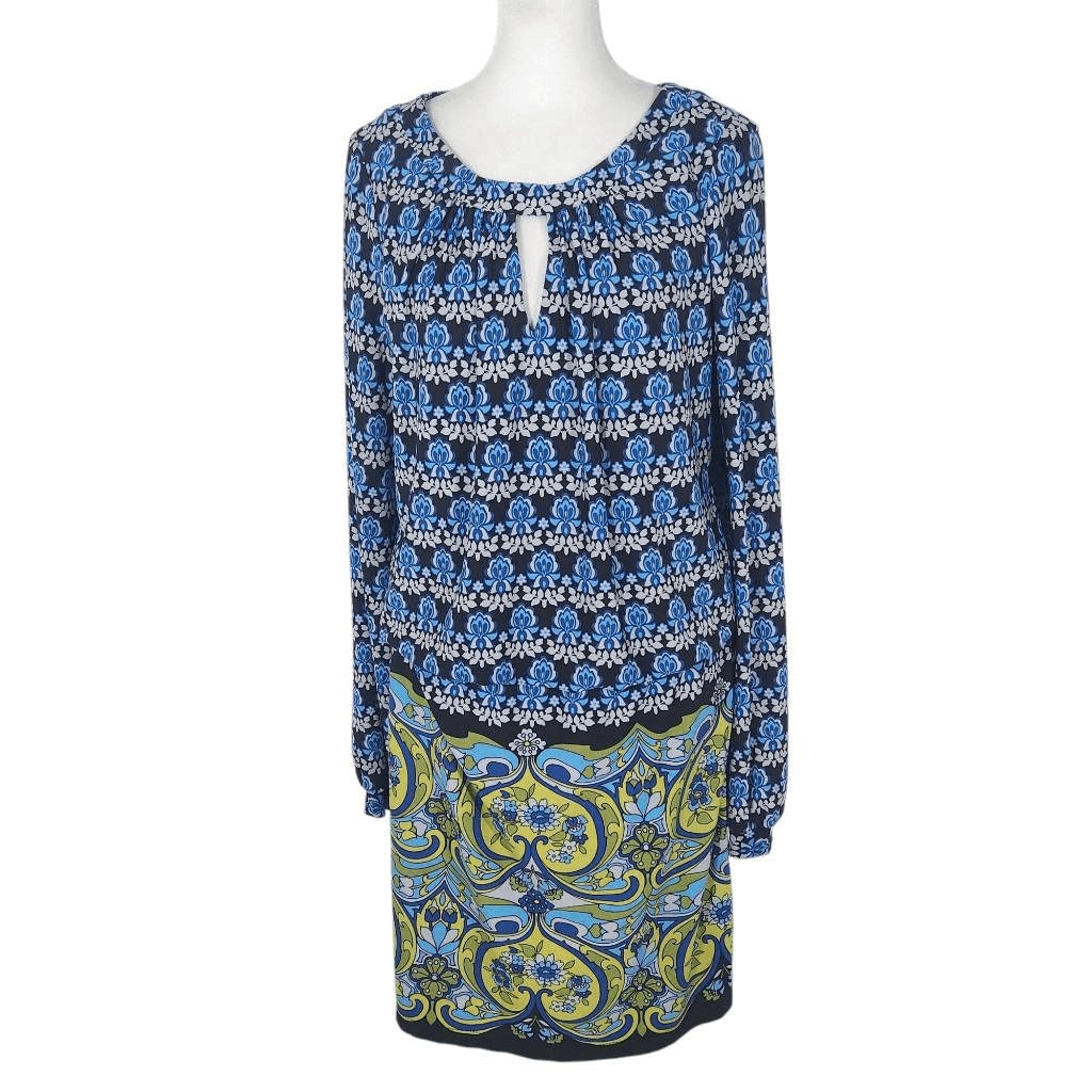 London Times Blue and Green Print Blouson Mini Dress Size 10 Wedding Guest Dress