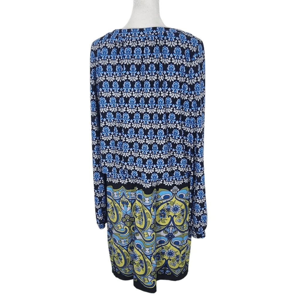 London Times Blue and Green Print Blouson Mini Dress Size 10 Wedding Guest Dress