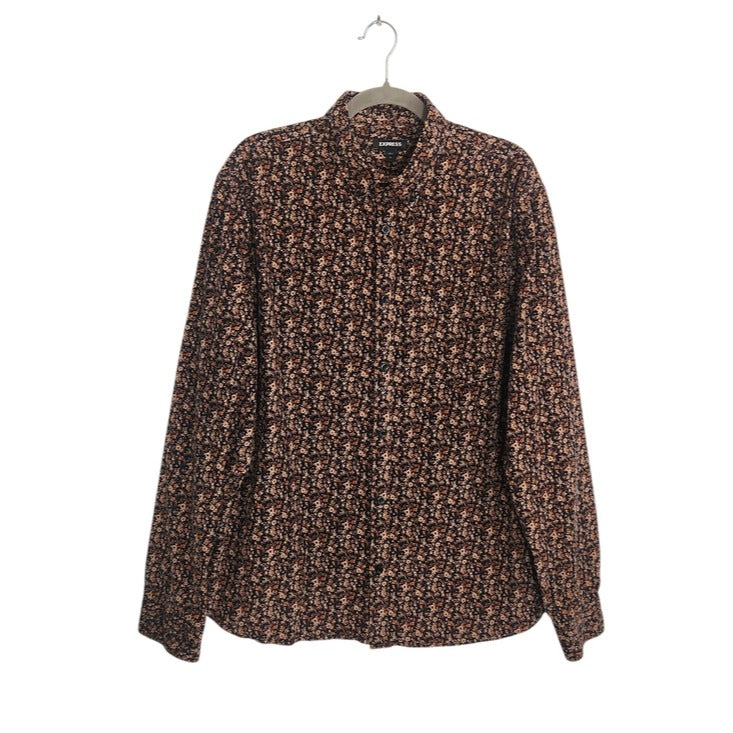 Express Mens Navy and Brown Floral Corduroy Button Down Shirt Size XL