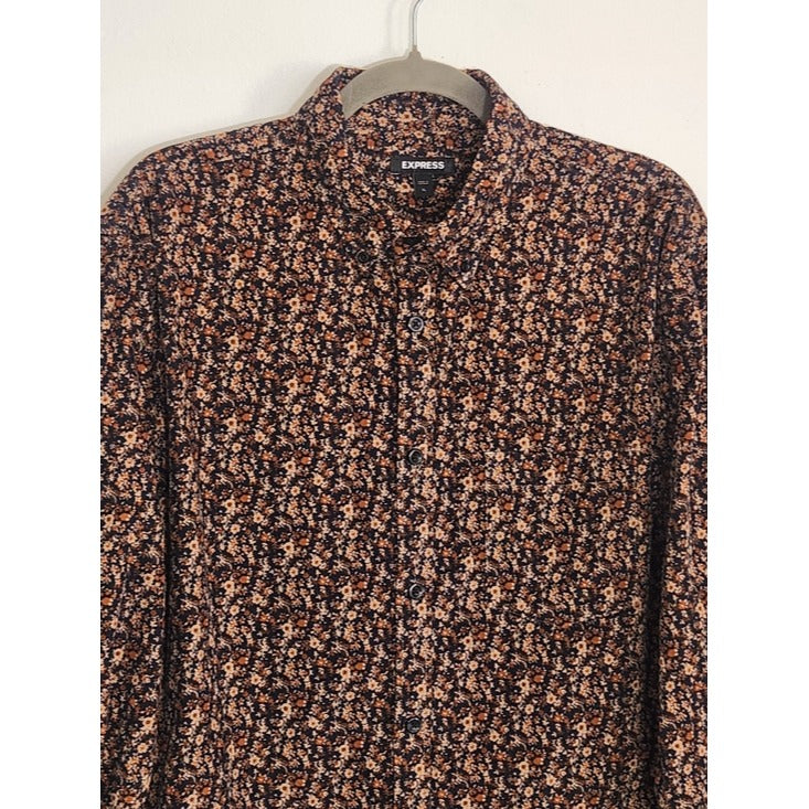 Express Mens Navy and Brown Floral Corduroy Button Down Shirt Size XL