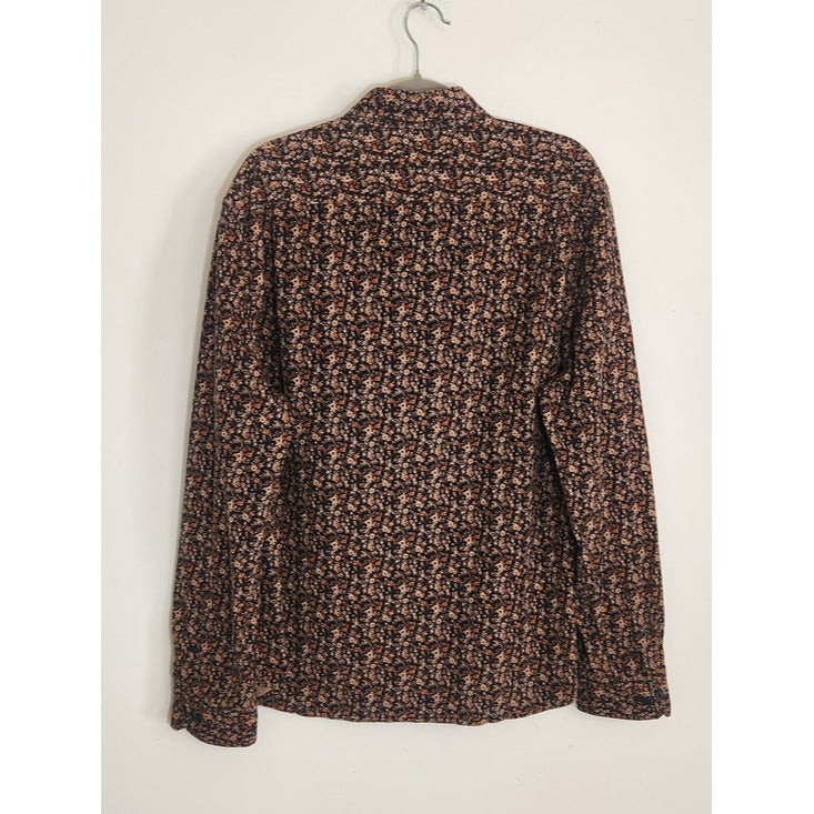 Express Mens Navy and Brown Floral Corduroy Button Down Shirt Size XL