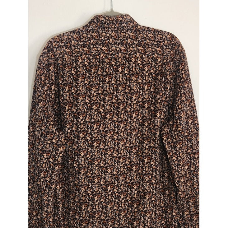 Express Mens Navy and Brown Floral Corduroy Button Down Shirt Size XL