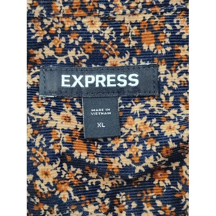 Express Mens Navy and Brown Floral Corduroy Button Down Shirt Size XL
