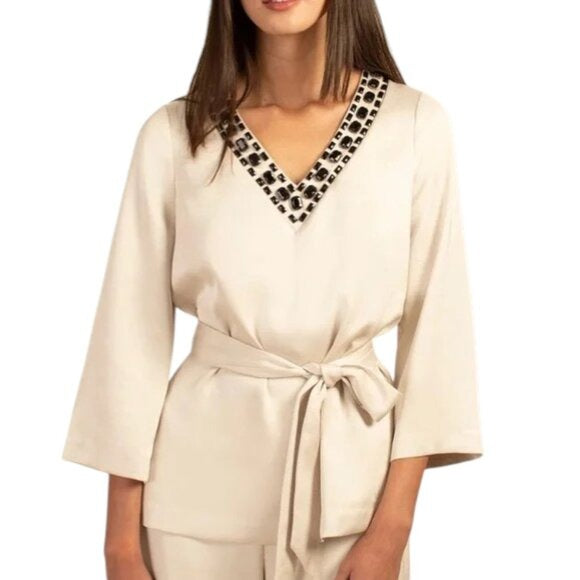 Trina Turk Cream Thrilled Tunic with Black Jeweled Neckline Size XS NWT