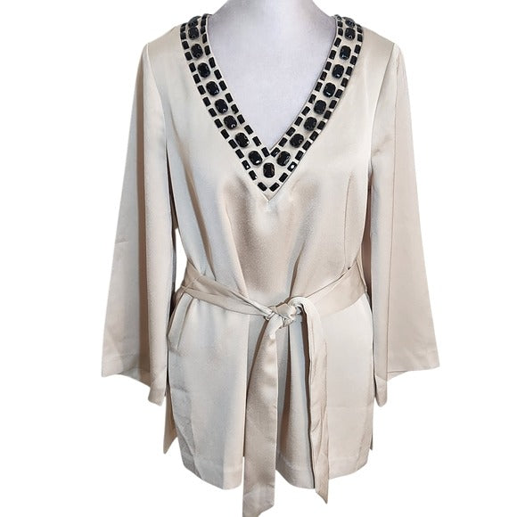 Trina Turk Cream Thrilled Tunic with Black Jeweled Neckline Size XS NWT