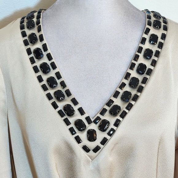 Trina Turk Cream Thrilled Tunic with Black Jeweled Neckline Size XS NWT