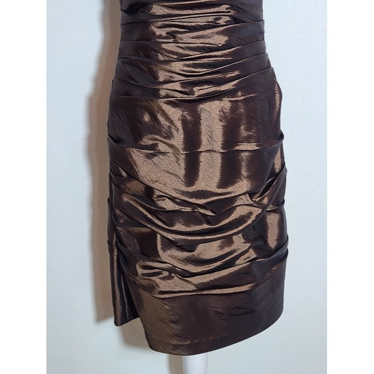 Bill Levkoff Brown Satin Ruched Cocktail Dress Size 10 Wedding Guest Dress