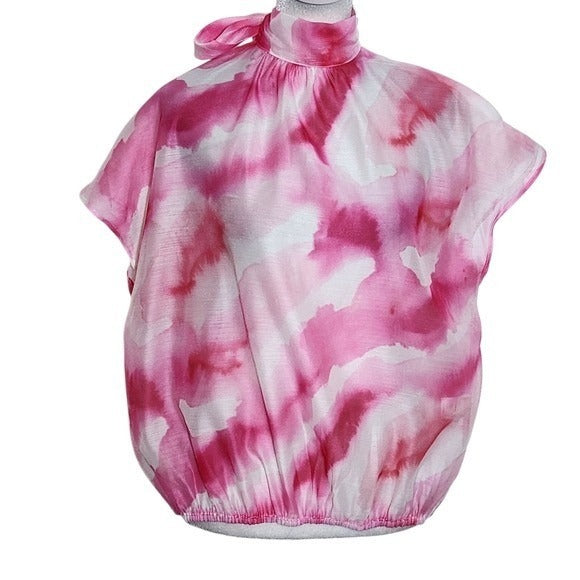 New York & Company Pink and White Sheer Dyed Blouse with Back Tie NWT Size Large