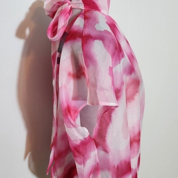New York & Company Pink and White Sheer Dyed Blouse with Back Tie NWT Size Large