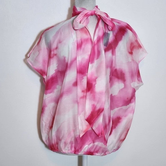 New York & Company Pink and White Sheer Dyed Blouse with Back Tie NWT Size Large