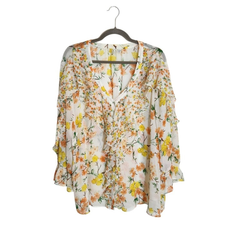 Cato Orange and Yellow Floral Sheer Button Up Blouse Size 22/24