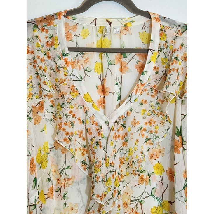 Cato Orange and Yellow Floral Sheer Button Up Blouse Size 22/24